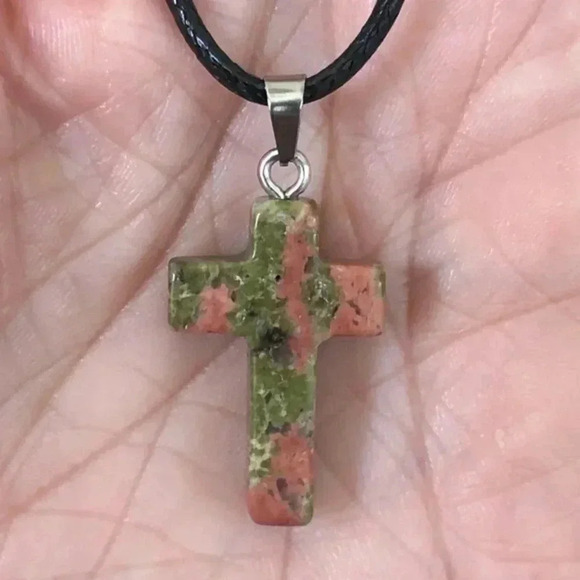 Unakite  Cross Natural Braided Stainless Steel Necklace NWT - Picture 2 of 4